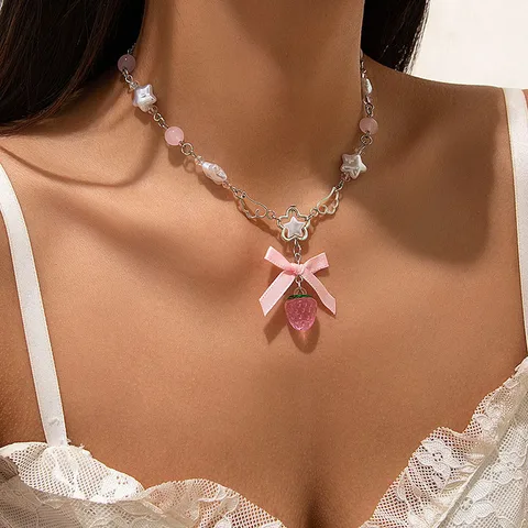 Premium Strawberry Bow Charm Necklace 🍓